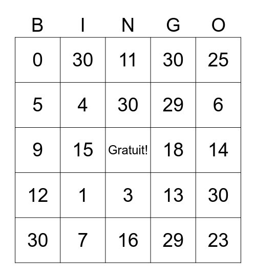 French numbers 1-30 Bingo Card