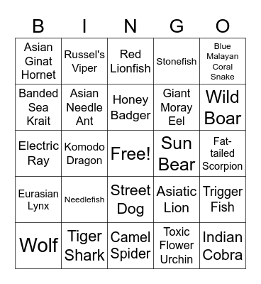 Dangerous Animals Bingo Card