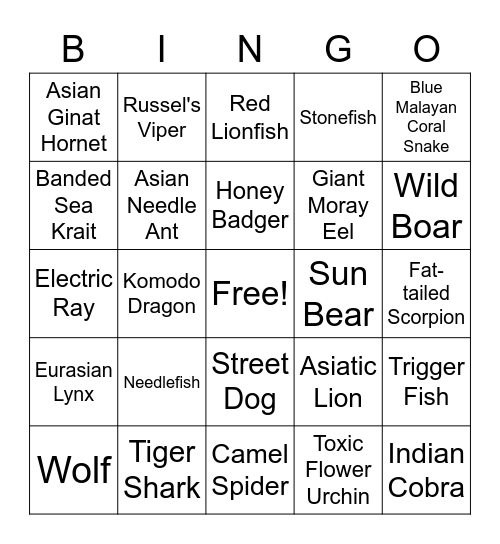 Dangerous Animals Bingo Card