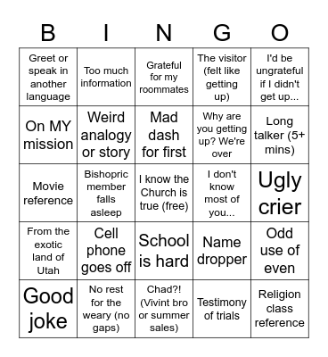 BYU YSA testimony bingo Card
