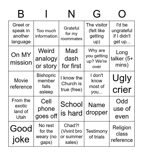 BYU YSA testimony bingo Card