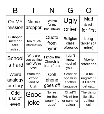 BYU YSA testimony bingo Card