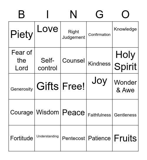 The Gifts & Fruits of the Holy Spirit Bingo Card