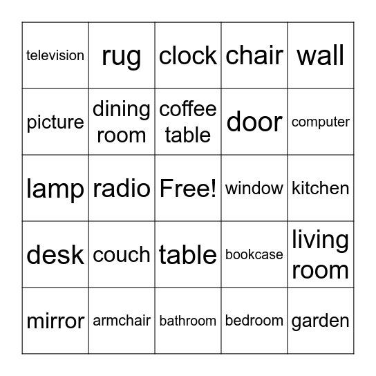 rooms and furniture Bingo Card