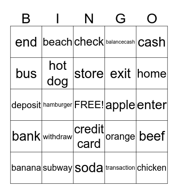 sight words Bingo Card