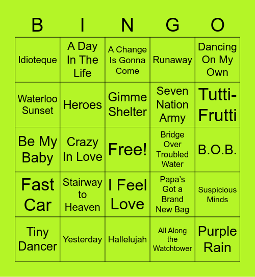 Greatest Songs Music Bingo Card