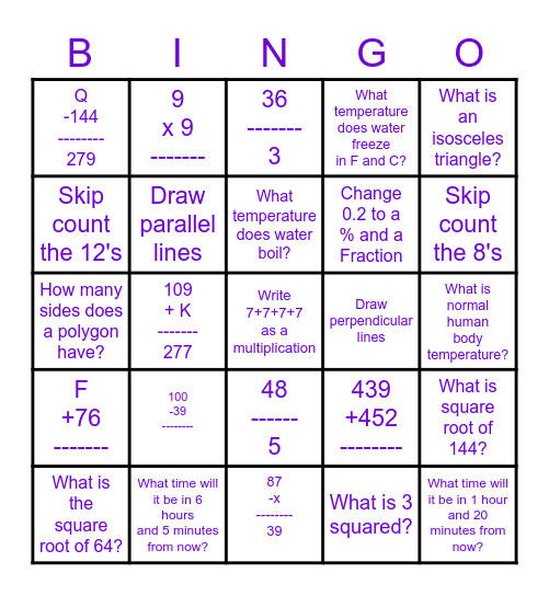 Math Bing-no Bingo Card