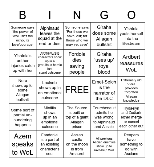 Endwalker Prediction Bingo Card