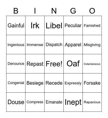 Vocabulary Workshop #1 Bingo Card