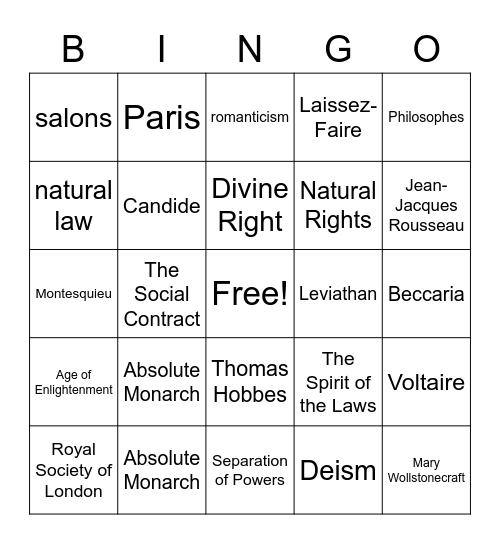 The Enlightenment Bingo! Bingo Card