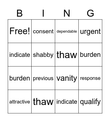 Vocabulary Bingo Card