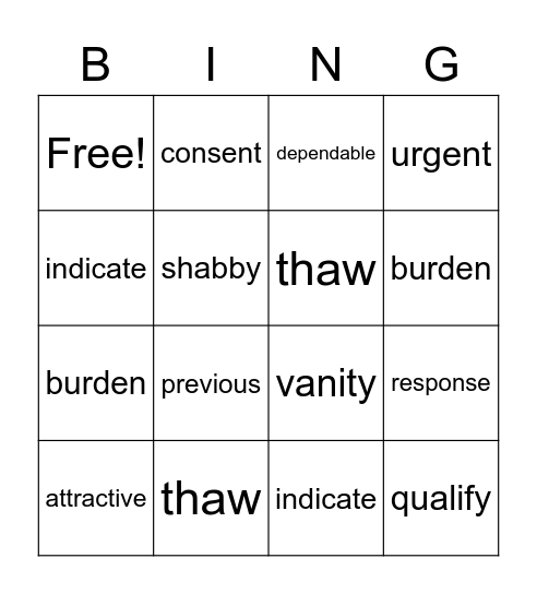 Vocabulary Bingo Card