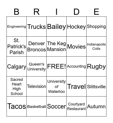 Bridal Bingo Card