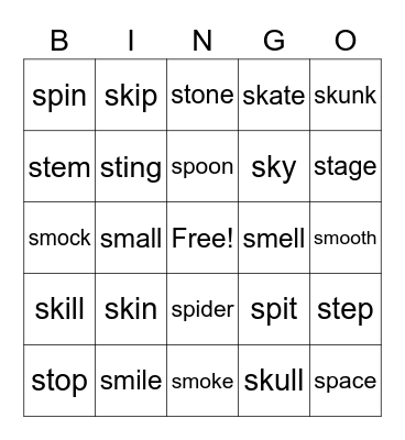 sk- sm- sp- st- BINGO Card