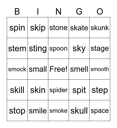 sk- sm- sp- st- BINGO Card