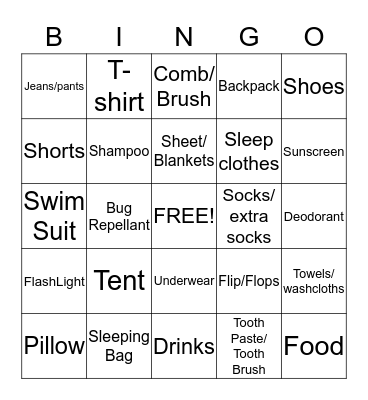 Camp  Bingo Card