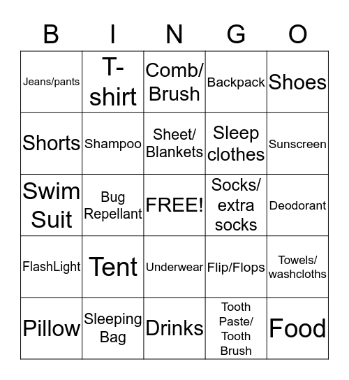 Camp  Bingo Card