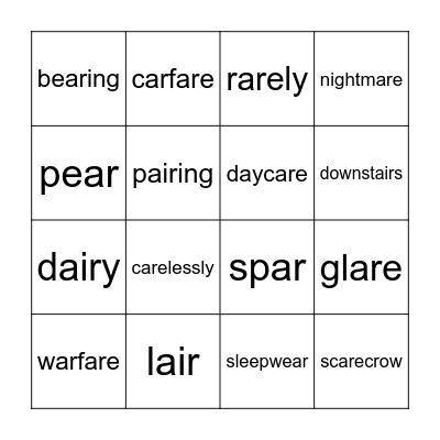 Phonics: air, are, ear Bingo Card