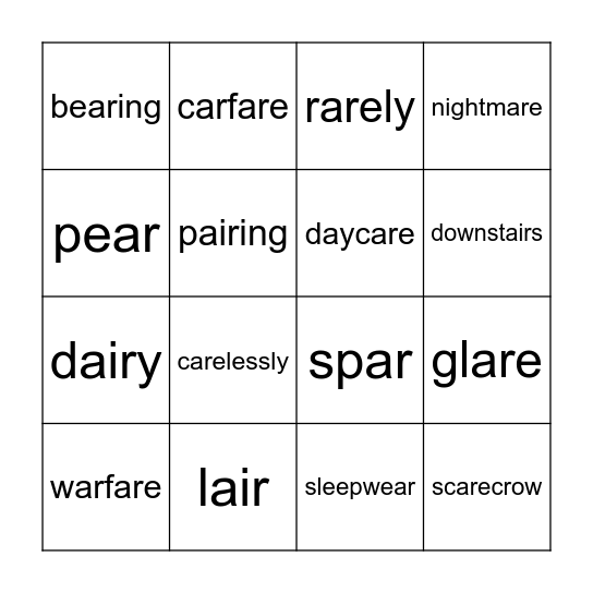 Phonics: air, are, ear Bingo Card