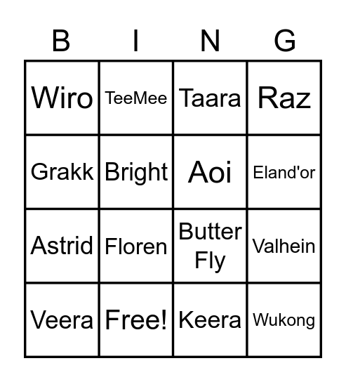 Charactor Bingo Card