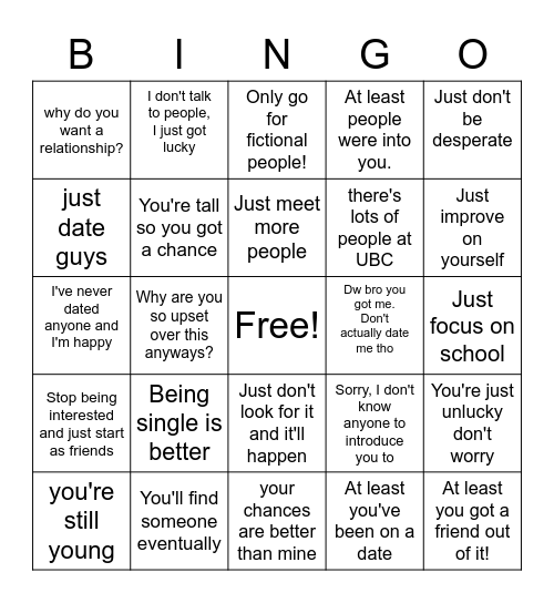 Venting About Being Single Bingo Card