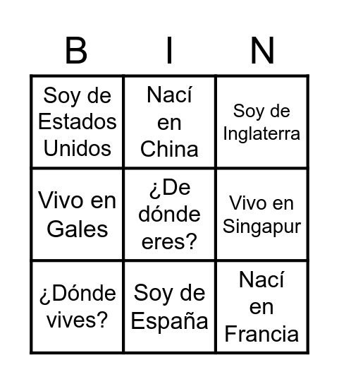 ¿De dónde eres? Bingo Card