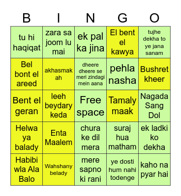 Bollywood & Arabic Songs Bingo Card