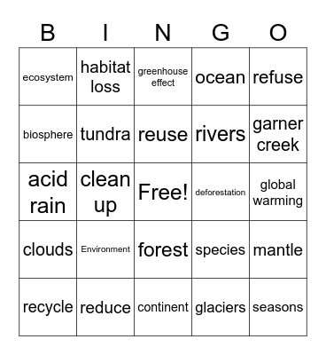 Environmental Club Bingo Card
