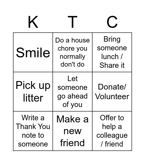 Kindness Bingo Card