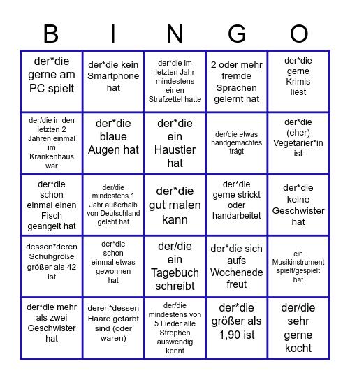 Besser-Kennenlern-Bingo: Finden Sie jemand, der/die... Bingo Card