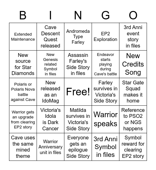 Idola the Conclusion Bingo Card