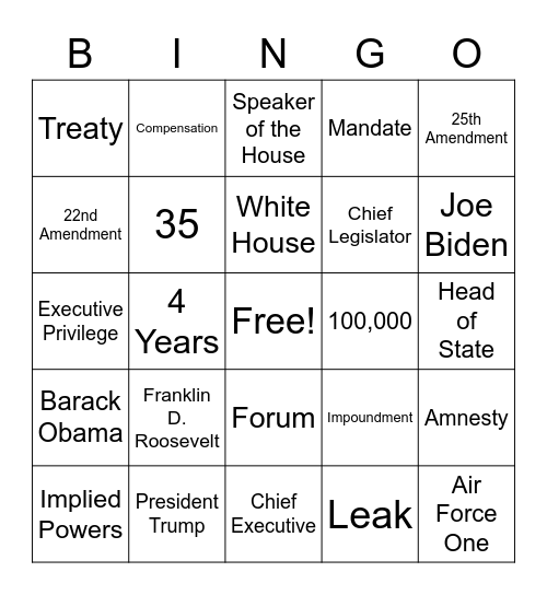 The Executive Branch Bingo Card