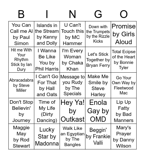 Cheesy Musical Bingo!! Bingo Card