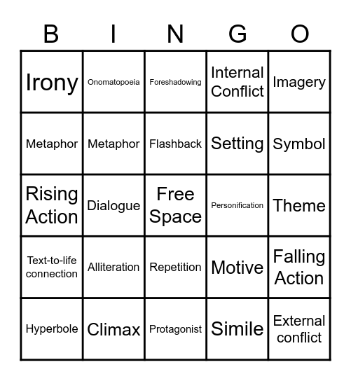 Book Club LIterary Devices Bingo Card