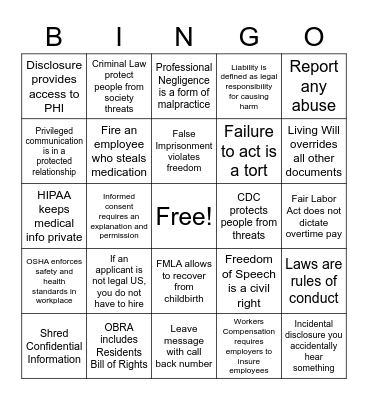 Legal & Ethical Responsibilities Bingo Card