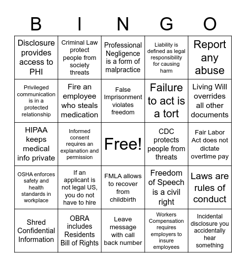 Legal & Ethical Responsibilities Bingo Card