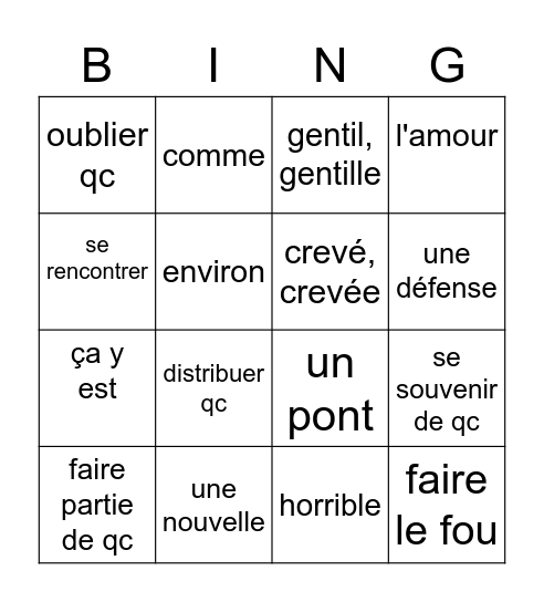 Vocabulaire L1 Cours Intensif Bingo Card