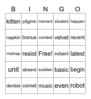 Open Closed Syllable BINGO Card