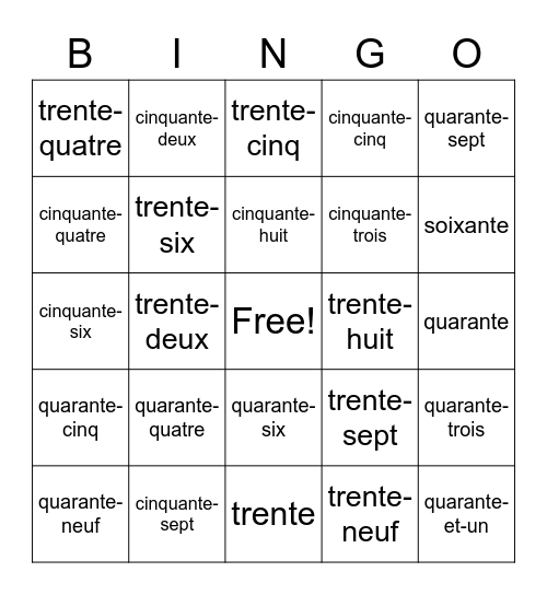 Les numéros 30 a 60 Bingo Card