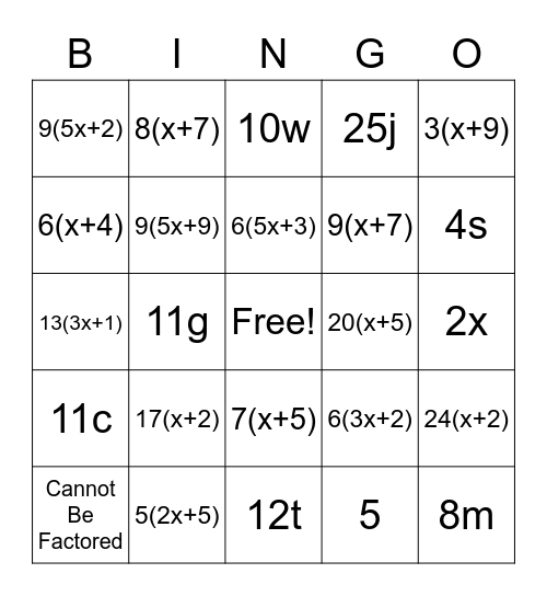 Expressions Bingo Card