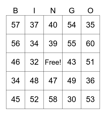 Les numeros 30 a 60 (numerals) Bingo Card
