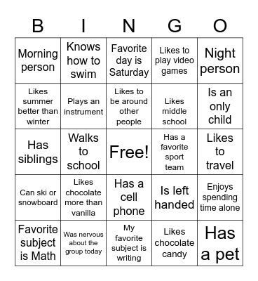 Get To Know You Bingo Card