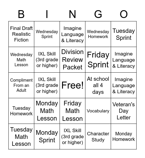 Assignments 11/8-11/12 Bingo Card