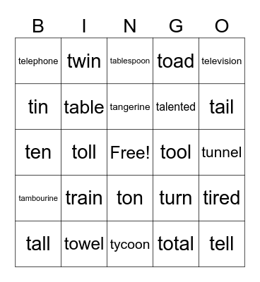 T- Initial BINGO Card