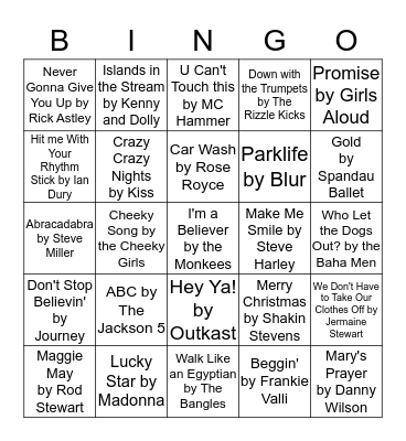 Cheesy Musical Bingo!! Bingo Card