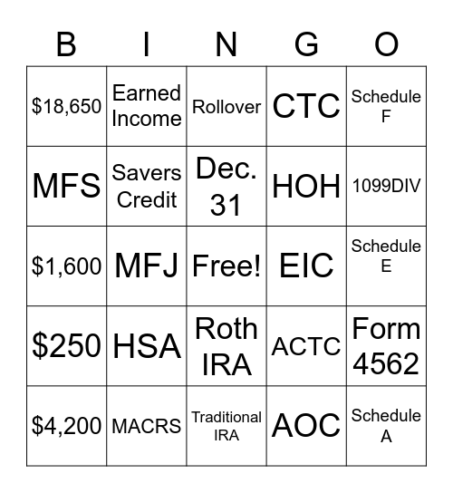 Income Tax Review Bingo Card