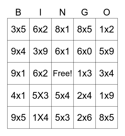Multiplication  Bingo Card
