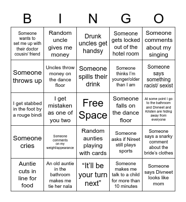 Punjabi Wedding Sh!t Bingo Card