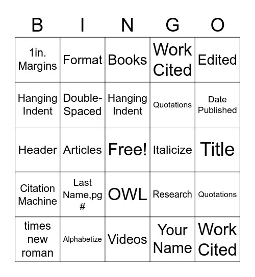Mla format bingo card