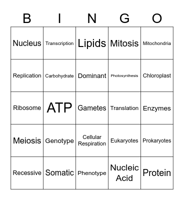 1st Semester Biology Bingo Card